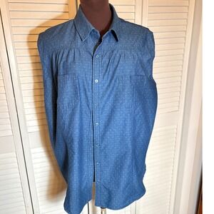 Bit & Bridle Womens 2X Blue Sleeveless Button Down Shirt Cotton Printed Denim